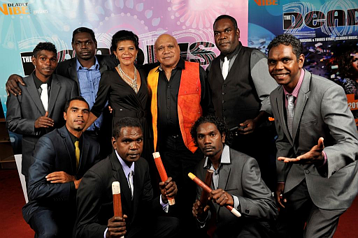 Archie Roach and Yothu Yindi singer Jodie Cockatoo Creed with members of the Northern Territory band East Journey, at the 2013 Deadlys (Amanda James photo)