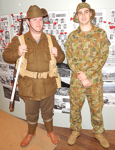 The OLD and the NEW - Museum volunteer Glenn Follett wearing a WWI AIF uniform and Private Ford of 9 RQR in today's attire