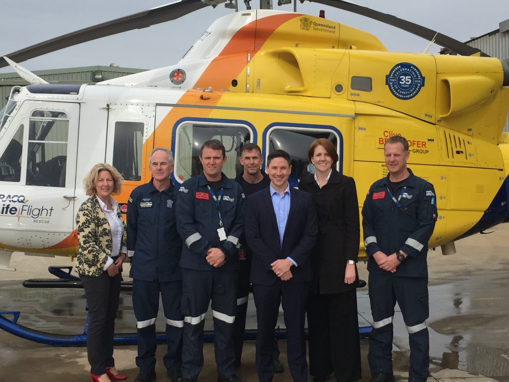 Sarah Delahunty (left), Paul Duggan, Nick Trimmer and Darren Sommers of RACQ LifeFlight with John Hagan and Beth Burgess of Nexus and Andrew Riches of RACQ LifeFlight.
